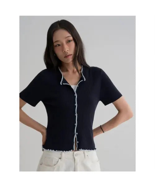 [8SECONDS] Colorblock Short Sleeve Cardigan - Navy / 배색 반팔 카디건  네이비