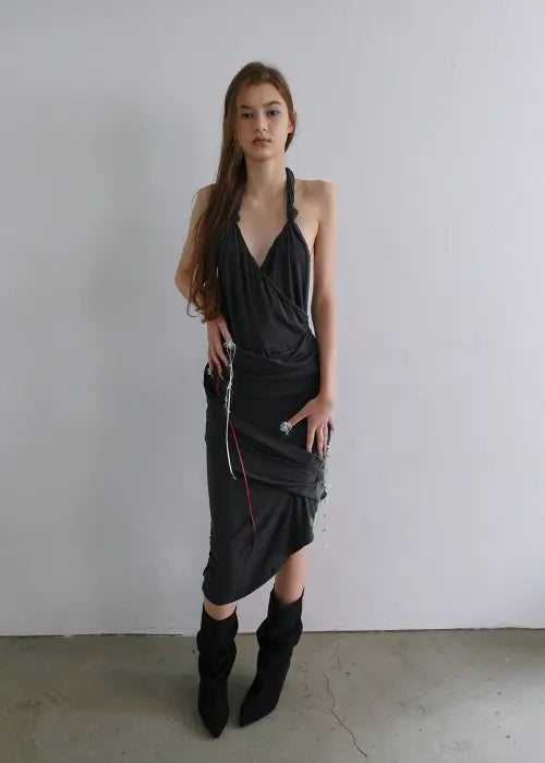 [PHILCE] Draped Halter Dress, Charcoal