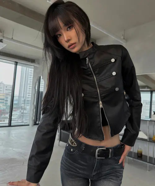 [SECONDSALT] SLIM-FIT NAPOLEON LEATHER JACKET (BLACK) / 슬림핏 나폴레옹 레더자켓 (블랙)