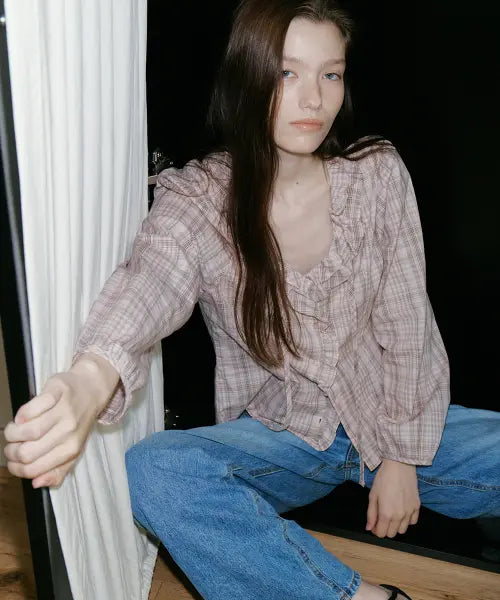 [FRIVER07] Check ruffle tie blouse [FRFA05BL04]_Pink