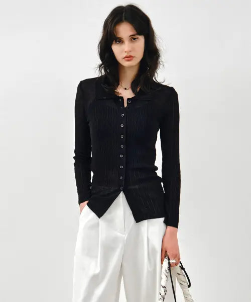 [MONGDOL] Slim Ribbed Long Collar Cardigan Black / 슬림 골지 롱 카라 가디건 블랙 MDCD058BLACK