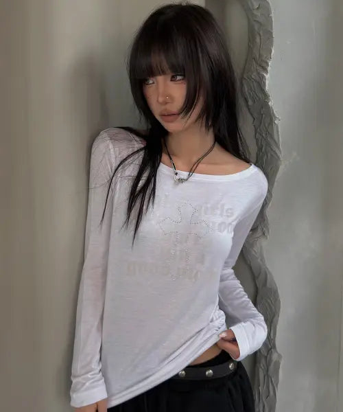 [SECONDSALT] SALTY GIRL RHINESTONE SHEER LONG SLEEVE TOP (WHITE) / 솔티걸 핫픽스 시스루 롱 슬리브 (화이트)