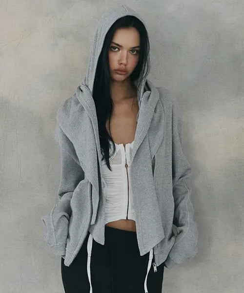 [PLEASENOFOLLOW] Posie Scarf Waffle Hoodie Zip Up (Melange Grey)