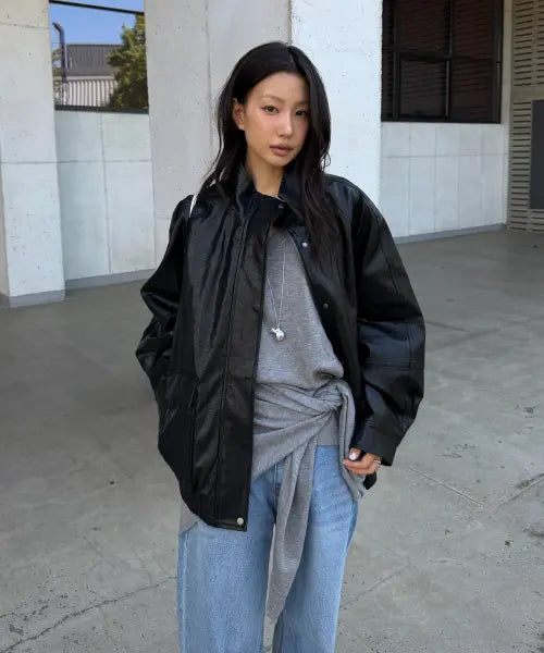 [URAGO] Pocket leather overfit blouson_Black