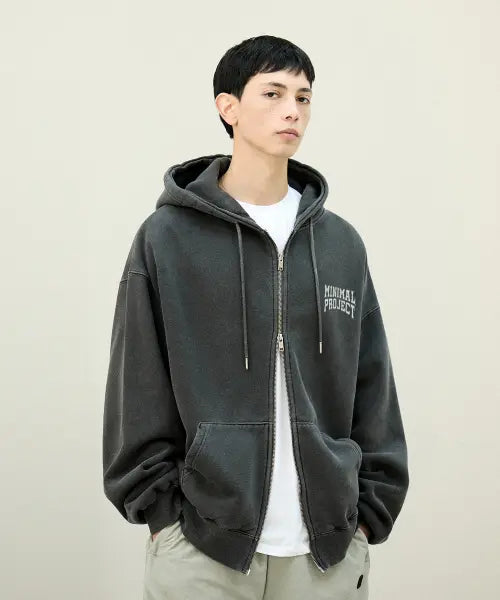 [MINIMALPROJECT] Two-Way Heavyweight Pigment Fleece Relaxed Fit Hooded Zip-Up [DARK GRAY] / 로우 투웨이 헤비웨이트 피그먼트 기모 릴렉스 핏 후드집업 MZT119 [DARKGRAY]