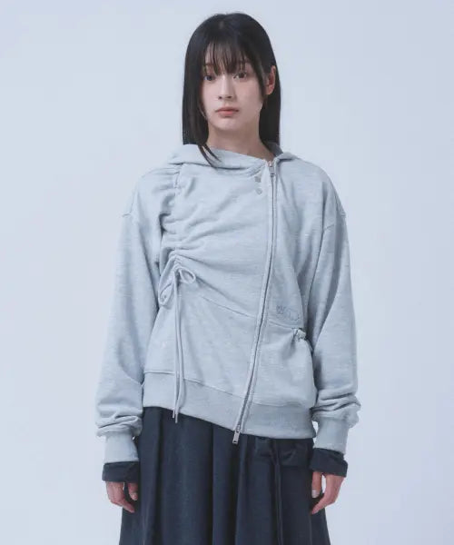 [TUOMIO] SHIRRING WAFFLE HOOD ZIP-UP [HEATHER GREY]