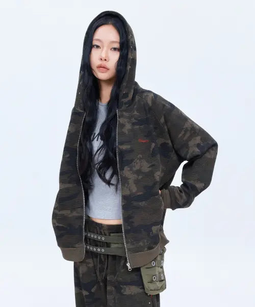[DAUSPICE] DUC Waffle Relaxed Fit Zip-up Hoodie Camo / (DUC) Waffle Relaxed Fit Zip-up Hoodie Camo