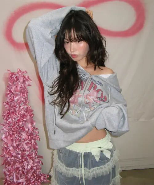 [RONRON] VINTAGE DOUBLE RIBBON HOODIE ZIP UP GREY
