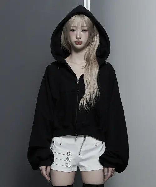 [ETRE AU SOMMET] Hotfix Detail Cropped Two-Way Zip Hoodie (Black)