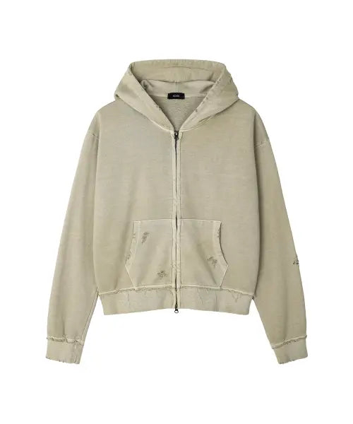 [NOISE] WASHED DISTRESSED CROPPED ZIP-UP HOODIE / 워시드 데미지 크롭 후드 집업_[BEIGE]