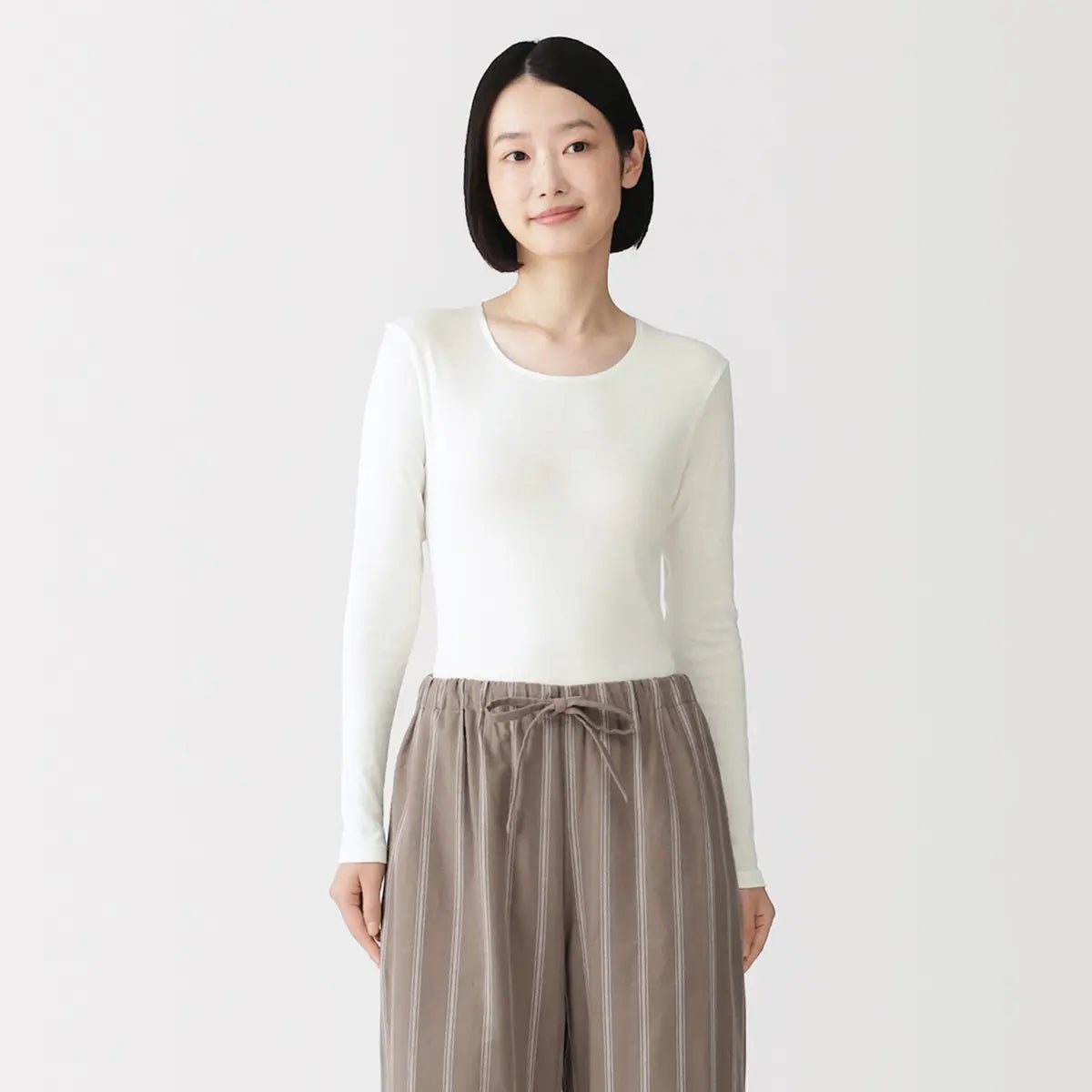 [MUJI] Women's Warm Cotton Crewneck Long Sleeve T-Shirt / 여성 따뜻한 면 크루넥 긴소매 티셔츠