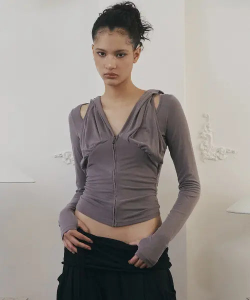 [PLEASENOFOLLOW] Rhea Drape Long Sleeve Hoodie (Mocha Grey)