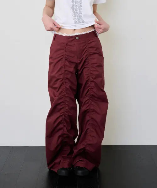 [ITZAVIBE] LACE LAYERED WIDE PANTS - BURGUNDY