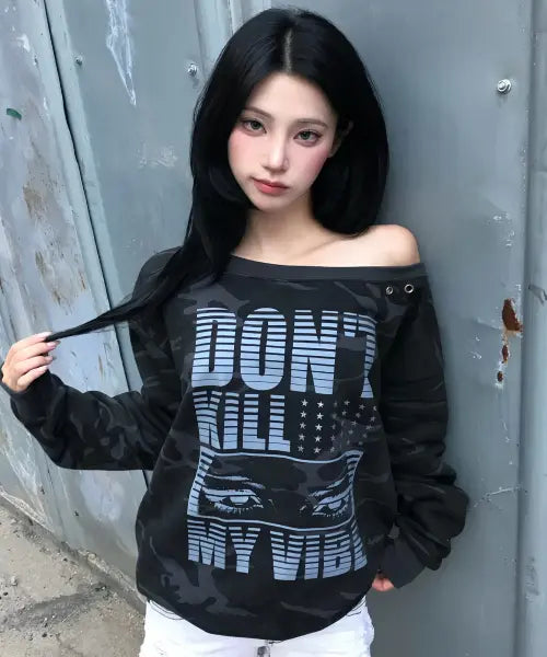 [LUVISTRUE] RL EYELET ONE SHOULDER SWEATSHIRT(CAMO)