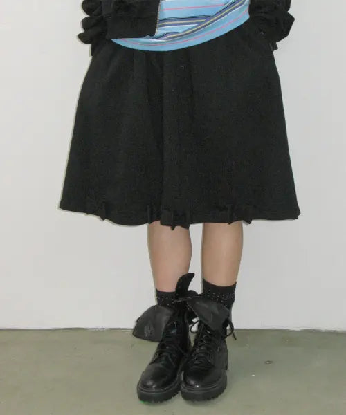 [RONRON] Button Ribbon Sweat Midi Skirt Black