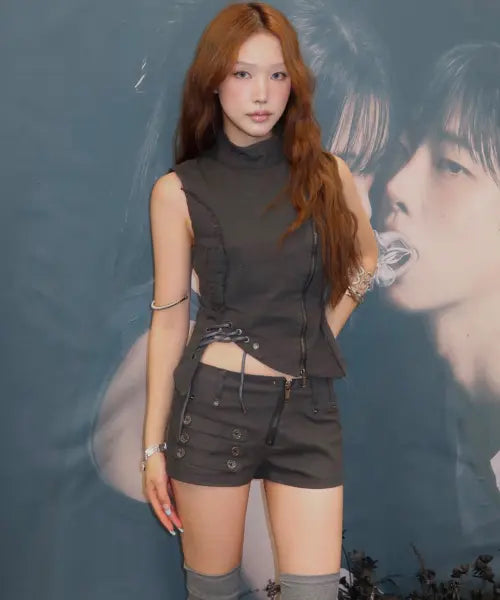 [ETRE AU SOMMET] Napoleon Diagonal zipper short pants (Dark gray)
