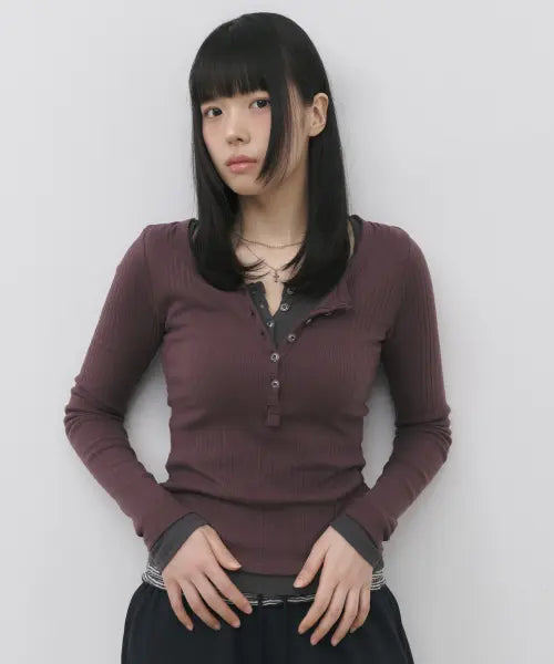 [SSEUL] Double Henley Button Long Sleeve T-Shirt_Dark Purple / 더블 헨리넥 버튼 긴팔티셔츠_딥퍼플