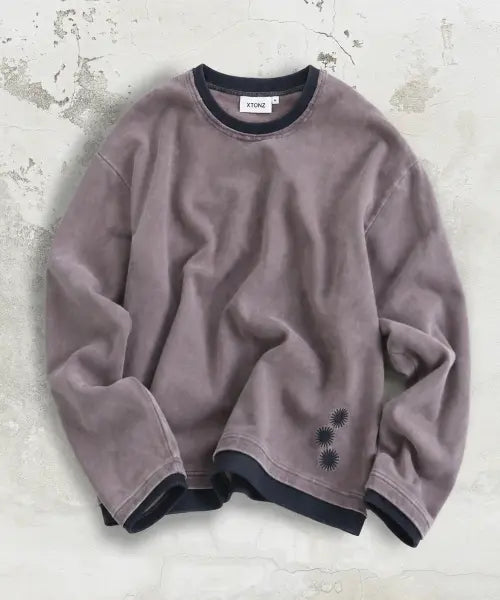 [XTONZ] XTT168 Washed Layered Crop Long Sleeve (Purple/Brown) / XTT168 더스트 워싱 레이어드 크롭 롱슬리브 (PURPLE/BROWN)