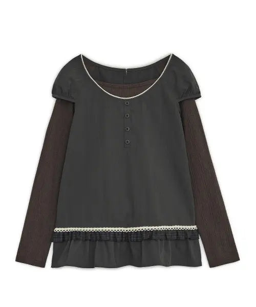 [HUG YOUR SKIN] Frill check layered top (Charcoal) / 프릴 체크 레이어드 탑 (차콜)