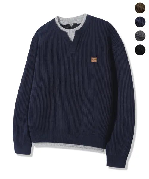 [TRILLION] WASHABLE SUEDE PATCH V-NECK LAYERED KNIT_4color / 워셔블 브이넥 레이어드 긴팔 니트_4color