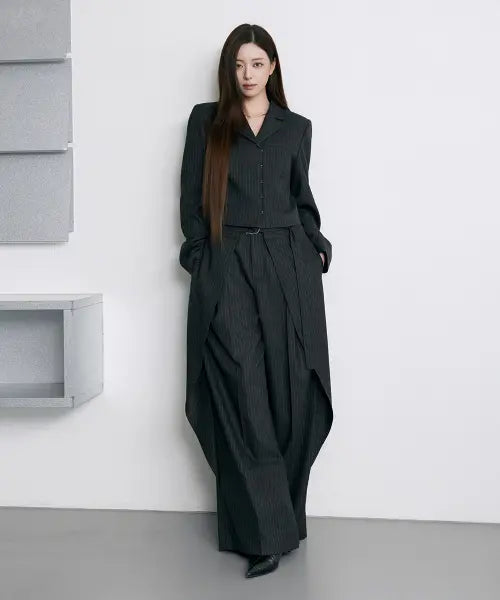[TREEMINGBIRD] Buckle Layered Set-Up Wide Slacks [ Black ]