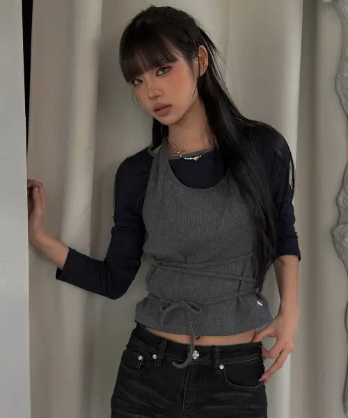 [SECONDSALT] Strap Layered Ribbed Halter Long-Sleeve Top (Navy) / 스트랩 레이어드 골지 홀터넥 긴팔티 (네이비)