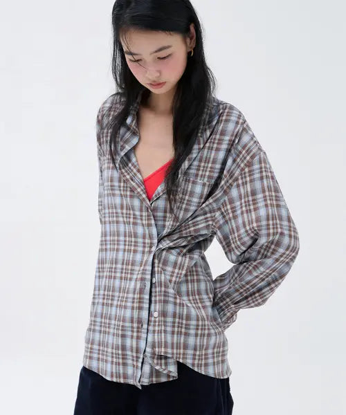 [MICHIKO LONDON KOSHINO] Side Button Check Shirts Sky brown / 사이드 버튼 체크 셔츠 스카이 브라운
