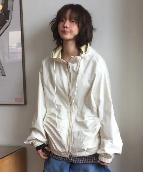 [SOME PLACE] Striped Color-Block Dot Mix Shirring High Neck Windbreaker Jacket [Yellow] / 스트라이프 배색 도트 믹스 셔링 하이넥 윈드 브레이커 자켓 [옐로우]