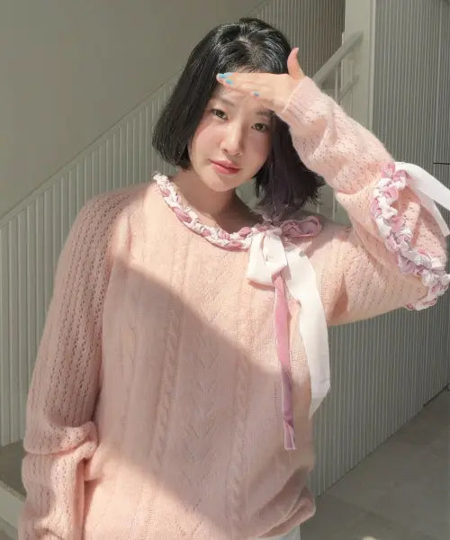 [SINOON] Lace-Up Ribbon Knit (Pink)