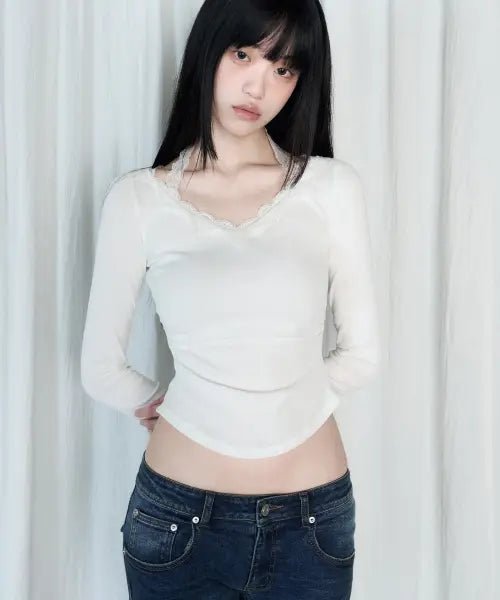 [REISE MIYA] LILY HALTERNECK LACE LONG SLEEVE [IVORY] / 릴리 홀터넥 레이스 롱슬리브 [IVORY]