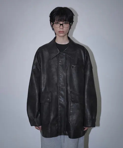 [ROUGHTYPE] Embossed Washed Leather Jacket - Black
