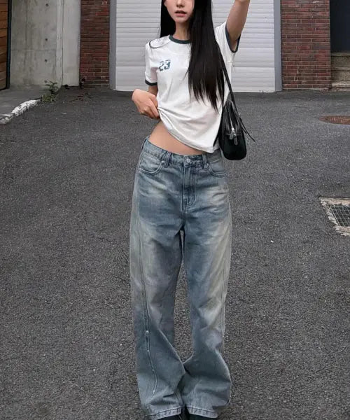 [KISHOR] RIVET WASHED WIDE DENIM PANTS / 키쇼르 리벳 워싱 와이드 데님 팬츠