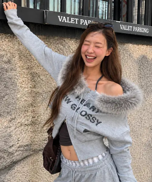 [YOUHEE] FUR GLOSSY OFF-SHOULDER ZIP-UP_MELANGE GREY / [인플 PICK] FUR GLOSSY OFF-SHOULDER ZIP-UP_MELANGE GREY
