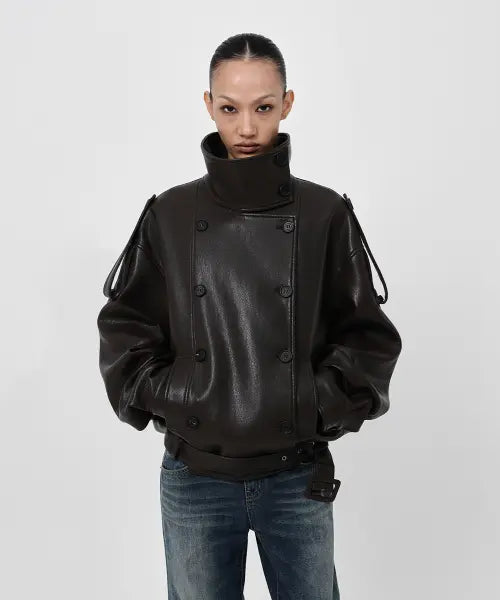 [SANDRIC] LINE.02 high neck leather jacket_brown