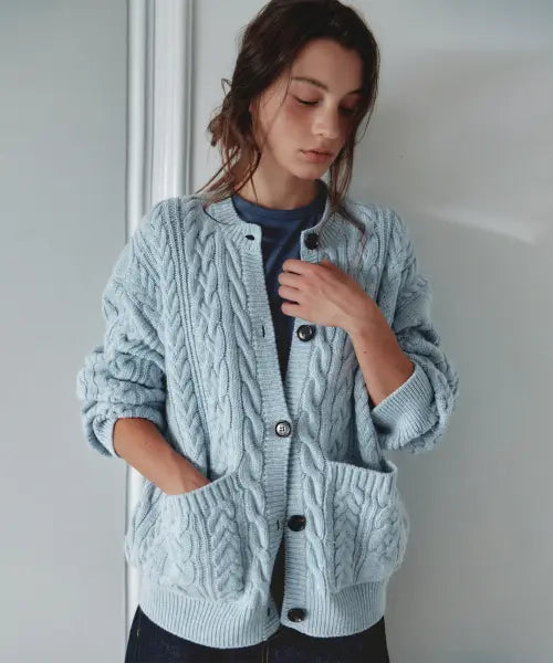[CITTA] Wool Blend Arch Cable Oversized Cardigan_CTK283(Blue)