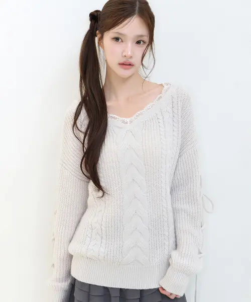 [ILLIGO] LACE UP V-NECK KNIT GRAY / 레이스업 브이넥 니트 그레이