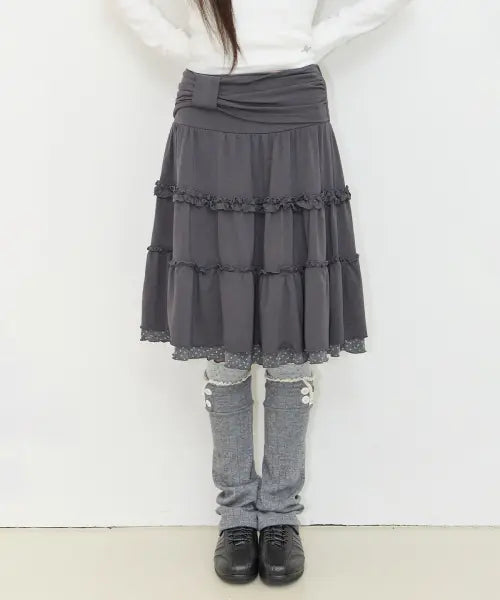 [ILLIGO] BOW RUFFLE MIDI SKIRT CHARCOAL / 보우 러플 미디 스커트 차콜