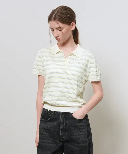 [GENERALIDEA] woman stripe collar half knit [ivory] / 스트라이프 카라 하프 니트 [IVORY] / GF2LKP525