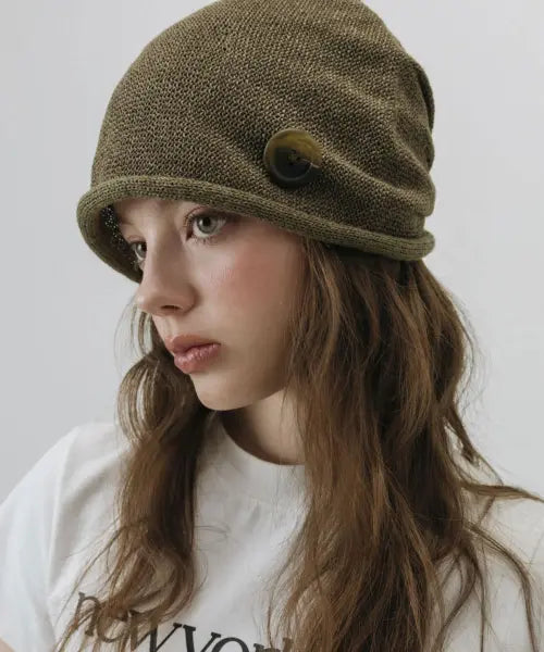 [NEWYORKWORKS] Button Roll-up Beanie Hat_KHAKI / 버튼 롤업 비니 모자_KHAKI