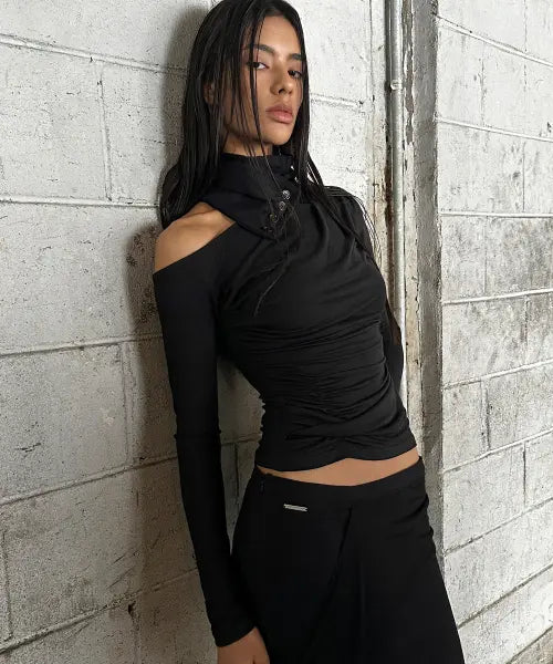 [ROCKCAKE] Scarf Drape Top - Black