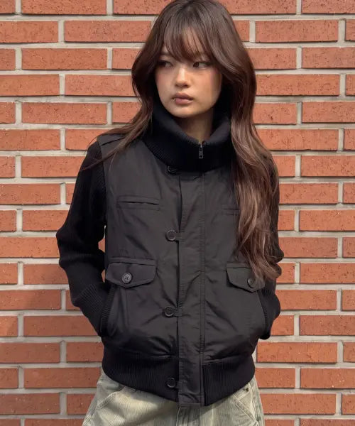 [NYXX] RIBBED HIGH NECK JACKET BLACK