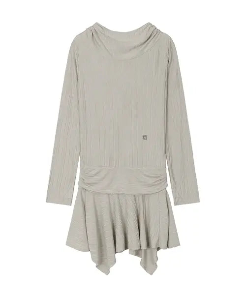 [TREEMINGBIRD] Crinkle Draped Hooded Long Sleeve Dress [ Beige ]