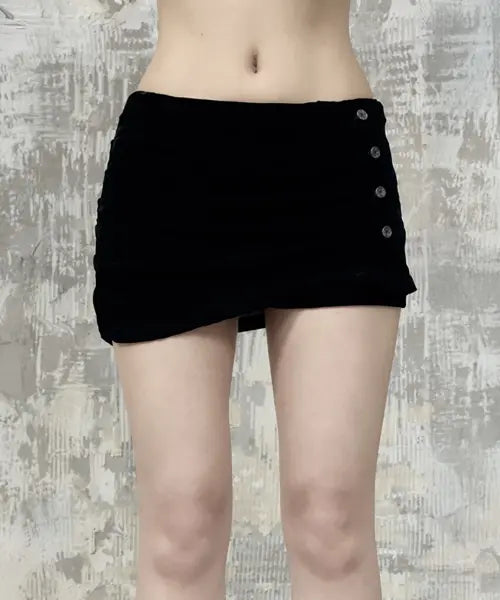[ETRE AU SOMMET] Velvet Button Shirring Mini Skirt (Black)