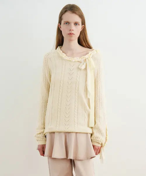 [SINOON] Lace-Up Ribbon Knit (Cream)