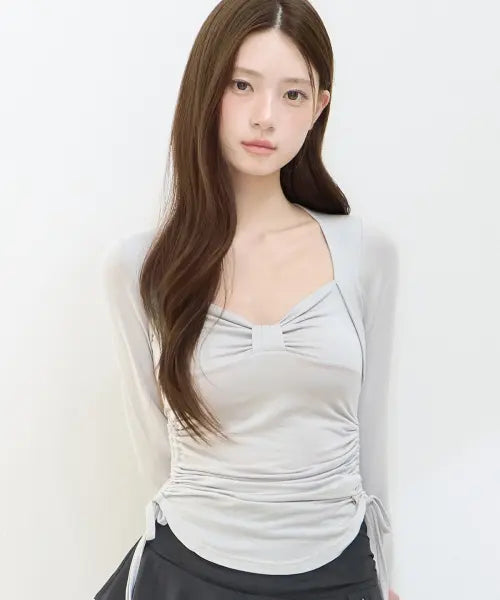 [ILLIGO] BOW BOLERO SHIRRING TOP GREY / 보우 볼레로 셔링 탑 그레이