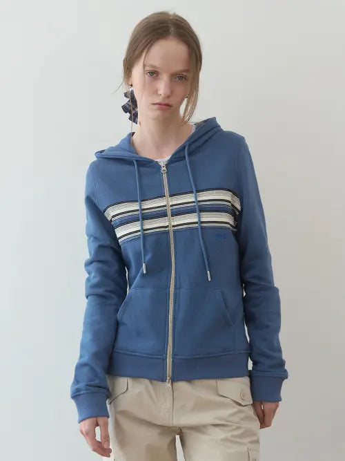 [ENZO BLUES] Stripe Contrast Zip-up Hoodie (Dusty Sky Blue) / 스트라이프 콘트라스트 후드집업 (Dusty Sky Blue)