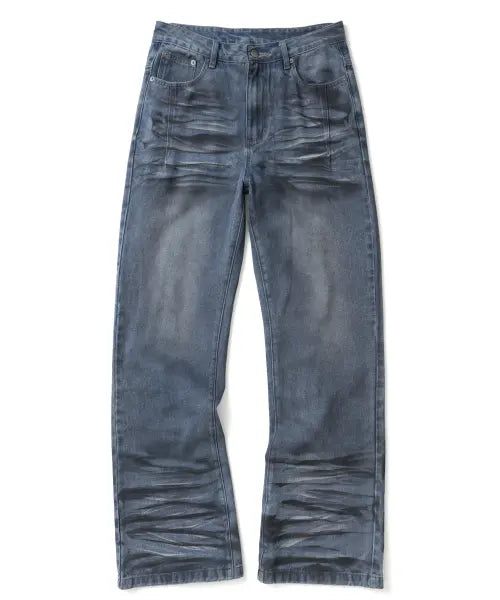 [NOT4NERD] Dirty Washed Dart Zip Denim Pants - Deep Blue