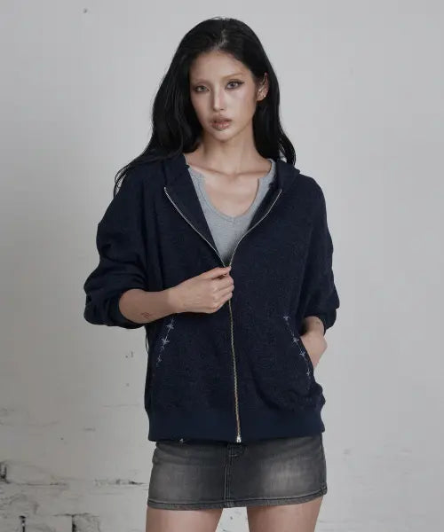 [CURETTY] C HOODED KNIT ZIP-UP_NAVY
