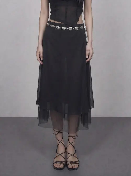 [BOUNDARY] GLAM DOUBLE LAYER FLARED MESH LONG SKIRT BK_B261MSD111