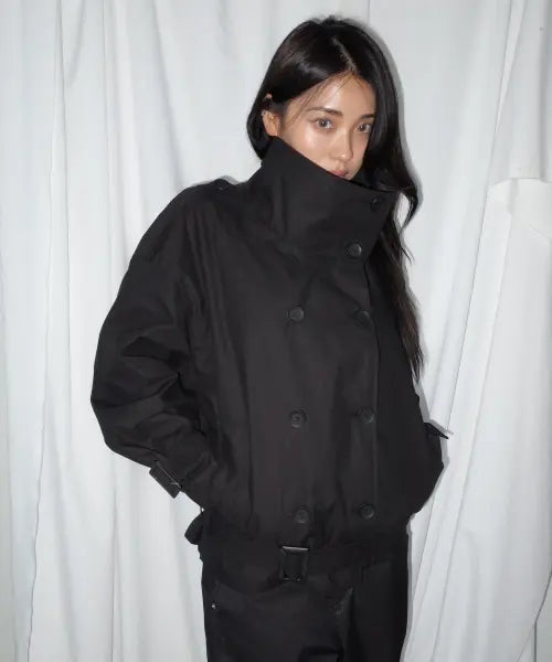 [CHICKS] High Neck Belted Half Trench Coat Jacket Black / 하이넥 벨티드 하프 트렌치 코트 자켓 블랙